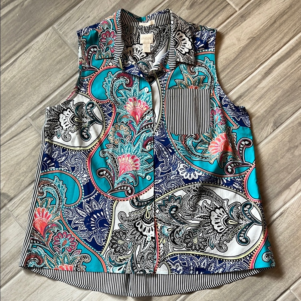 Chico’s Green and Blue Boxy Button Down Shirt with Notched Collar
